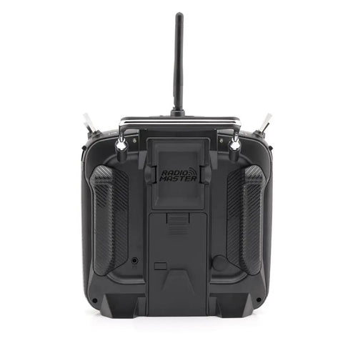 Back view of Carbon Fiber RC Transmitter With Hall Gimbals And EdgeTX OpenTX Support, removable battery cover, raised grips, MKII