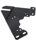 Front view electric motor mounting plate, iron black metal base with multiple holes and mounting tabs