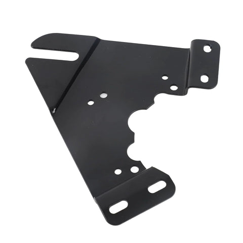 Front view electric motor mounting plate, iron black metal base with multiple holes and mounting tabs