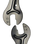 Close-up of 2 piece bike hub cone wrench set for wheels and pedals, four sizes 13 14 15 16 millimeters, double sided.