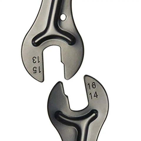 Close-up of 2 piece bike hub cone wrench set for wheels and pedals, four sizes 13 14 15 16 millimeters, double sided.