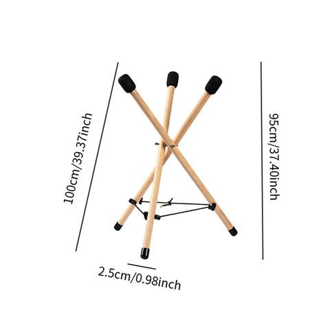 Versatile Portable Adjustable Wooden Handpan Drum Stand With Slick Travel Storage Bag dimensions showing tripod design and rubber pads