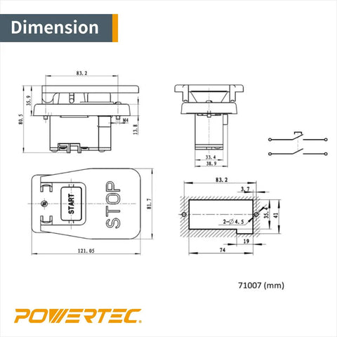 Technical drawing of Dual Voltage Knee Paddle Switch For Power Tools 120V 230V 16 Amp Emergency Stop Paddle dimensions.