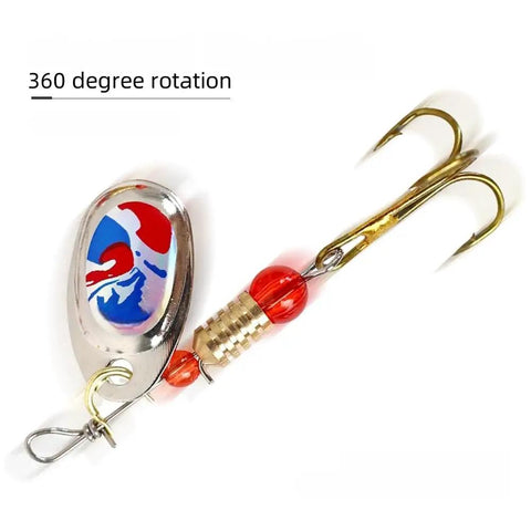 Hard metal spinner bait from 12 Piece Spinnerbait Fishing Lure Kit For Bass, Trout, Salmon, Walleye And More, showing 360-degree rotation