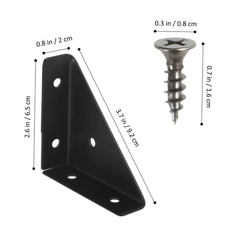 Hella Sturdy 40 Pack Heavy Duty Triangle Shelf Brackets Thickened Cold Rolled Steel Corner Braces with screws and dimensions shown.