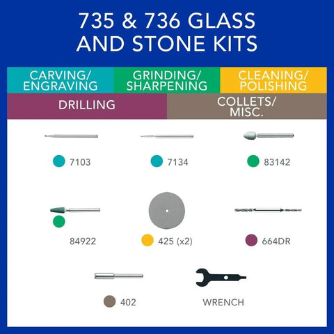 8 Piece Glass And Stone Accessory Micro Kit for carving, etching, grinding, cleaning, polishing; tool diagram with labels.
