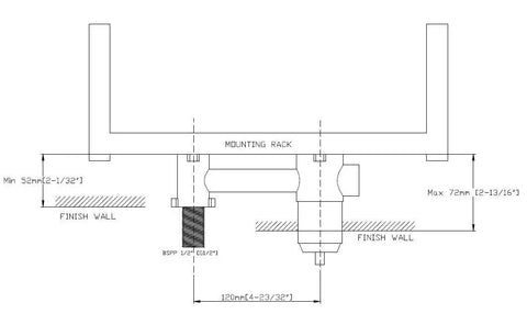 Line drawing showing installation dimensions for Wall Mount Waterfall Bathroom Faucet In Brass Chrome Finish with Solid Brass Body.