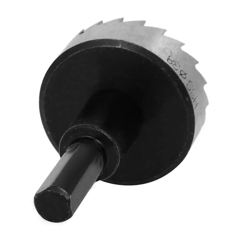 Close-up of a saw blade from the 38mm Hole Saw Kit With 70mm Long HSS Twist Drill Bits Spring Loaded Includes 6mm Drill Bit