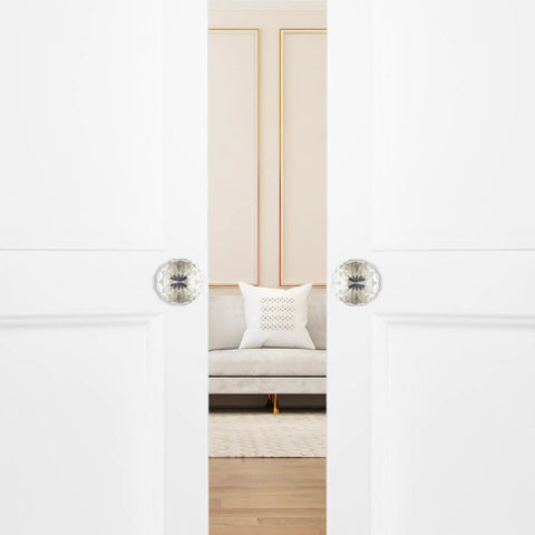 Crystal Glass Dummy Door Knobs 4 Pack Single Side Non Turning Round Half Dummy Set Satin Brass Easy Install shown on white doors