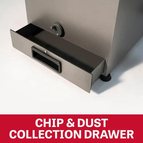 Shop Ready Benchtop Metalworking Dust Collector Featuring Non Sparking Aluminum Housing And Fan Driven By A Zippy 1 3 Hp 115V Motor, chip and dust collection drawer.