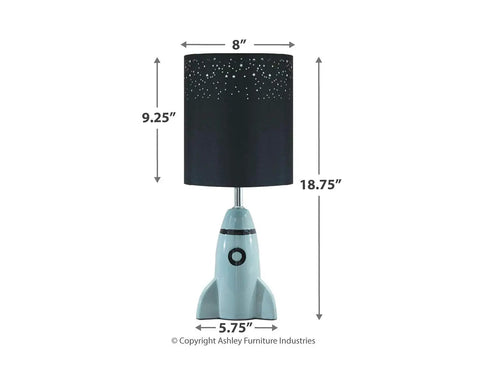 Kids Rocket Table Lamp With Gray Ceramic Base And Fabric Drum Shade, shown with measurements and starry lampshade detail