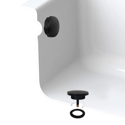 Standard 1.5 Inch Cable Drive Bath Drain Replacement Trim In Slick Matte Black, installed in bathtub with overflow control and stopper.