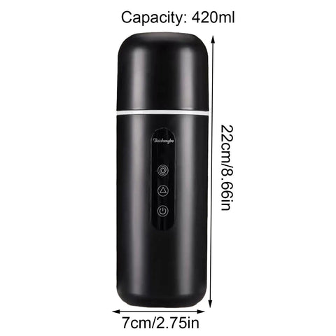 On The Go Electric Travel Mug With Fast Heating Element And Built In Magnetic Stirrer To Keep Your Daily Espresso Or Smooth Matcha Straight Up Hot All Day, black, 420ml capacity, 22cm tall.