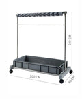 Movable Mop And Broom Holder In Stainless Steel With Drainage Basin, heavy duty organizer on wheels, dimensions 100x46x100 cm.