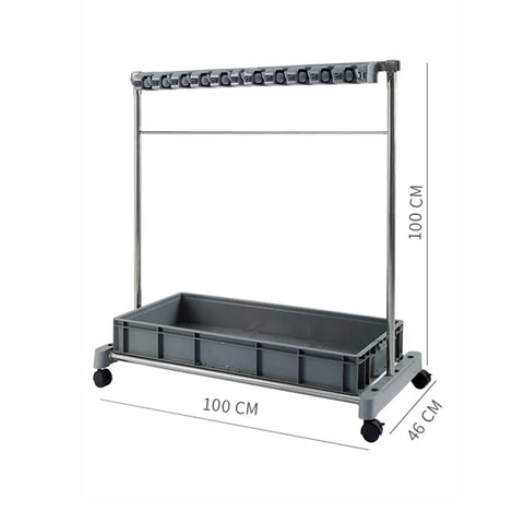 Movable Mop And Broom Holder In Stainless Steel With Drainage Basin, heavy duty organizer on wheels, dimensions 100x46x100 cm.