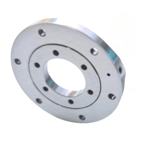 Premium Crossed Roller Bearing Kit For Robot Indexing Table Turntable Mounts Featuring Needle Bearing For Rock Solid Motion and Killer Durability Performance - top view of metal bearing with central hole and mounting holes.
