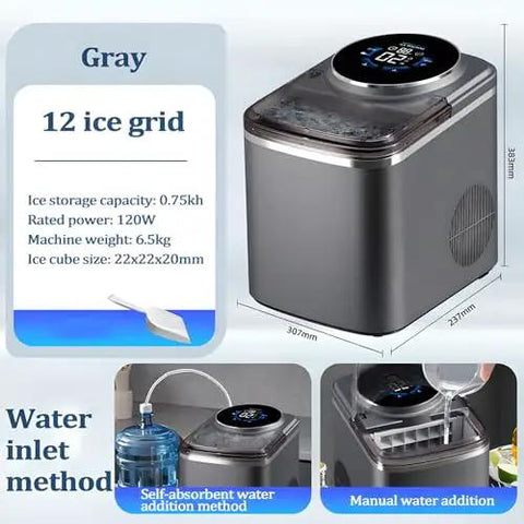 Countertop Ice Maker Machine Featuring Snappy Touchscreen Interface Hassle Free Producing Sixteen Clear Cubes In Just Twelve Minutes Bar Ready Portable Chiller For Home Bars in gray with 12 ice grid.
