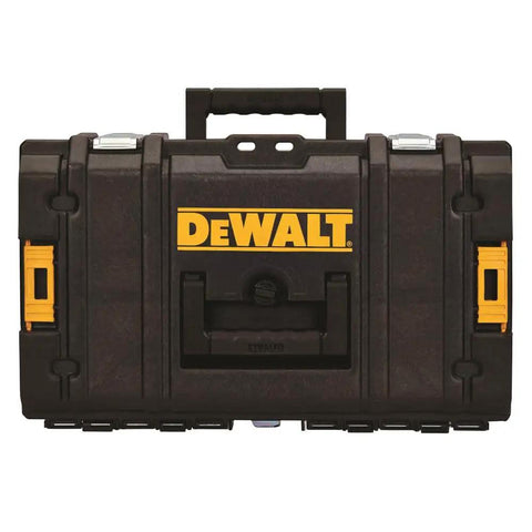 Front view of Tough System Tool Storage Organizer with clear polycarbonate lid, beefy build, black color, foam walls, closed handle