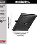Three-Spray H2Okinetic Shower Head Matte Black 52684-BL with dimensions and details on spray settings, shown angled view.
