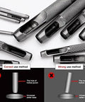 12 mm Round Hole Punch for Leather showing correct and incorrect use methods, heavy duty steel cutter tool demonstration.