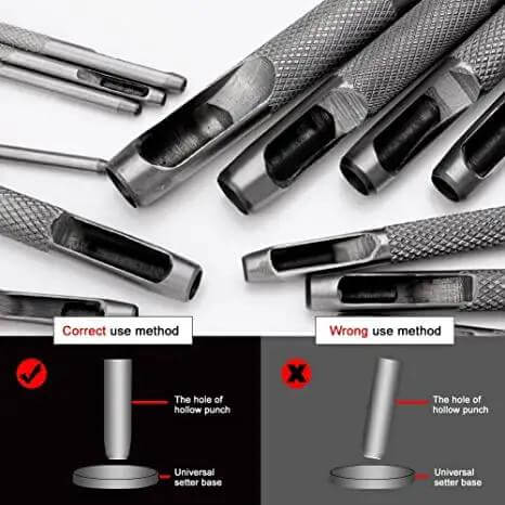 12 mm Round Hole Punch for Leather showing correct and incorrect use methods, heavy duty steel cutter tool demonstration.