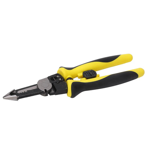 Multi Function Wire Stripper And Crimping Pliers With Safety Latch For Electrical DIY Projects with yellow and black handles.