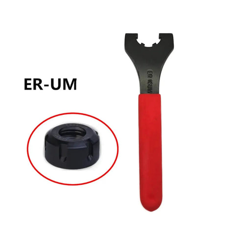 Essential ER16 ER20 ER25 ER32 ER40 Spanner Wrench For Tightening Collet Nuts On CNC Milling Lathes Smooth Grip Heavy Duty UM Type Tool Holder Fix with red handle detailing.