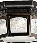 Courtyard Outdoor Ceiling Light Three-Light Rubbed Bronze With Clear Seeded Glass For Damp Locations, hexagonal design