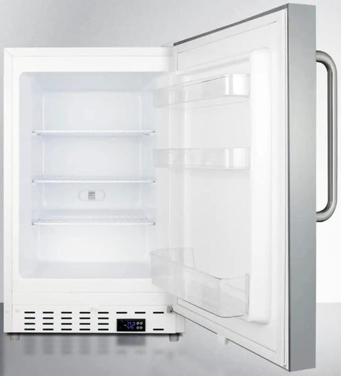 Slick Stainless Steel Undercounter All Freezer For Residential Space Featuring Adjustable Racks Door Bins Towel Bar Grip Smart Thermostat And No Fuss Defrost In A Super Compact Footprint.