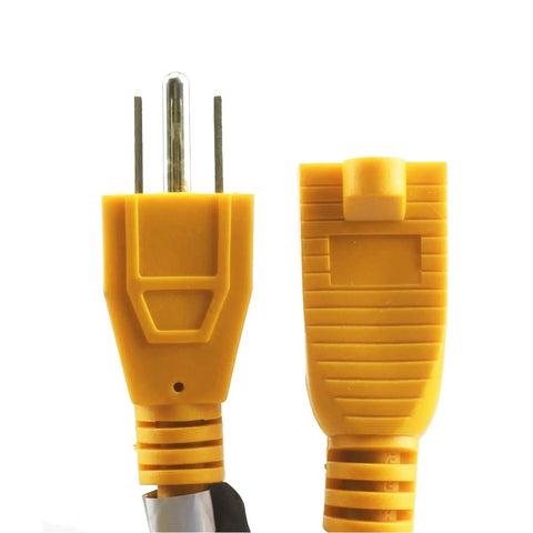 Close-up of molded plug of Heavy Duty Outdoor Extension Cord 25 Ft 14/3 SJTW Yellow Copper Conductors ETL Certified.