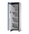 Heavy Duty Lithium Ion Battery Storage Cabinet With 90 Minute Fireproof Rating And Straight Up Secure Pressure Relief Vent Hardcore Four Shelf Safety Locker For Shop Or Garage Protection Blue, opened view showcasing interior shelves.