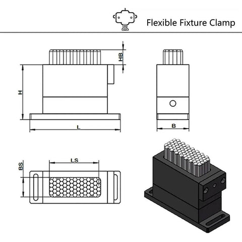 Diagram and photo of Flexible Claw CNC Assembly Fixture Clamp 30x79 mm With 67 Pins 6 mm Diameter SUS Stainless Steel Pins
