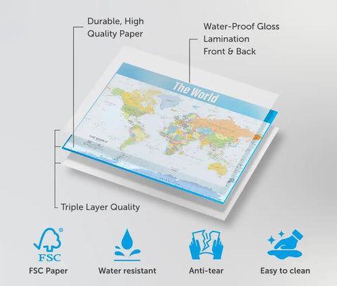 World Map Classroom Poster Extra Large 33 By 23 Point 5 Inches Laminated Geography Wall Chart with gloss lamination and FSC paper.