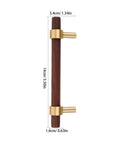 Walnut Cabinet Pulls Set 2 Pack Modern Long Handles, dark brown wood and brass, 96mm hole spacing, single view, 14cm length.