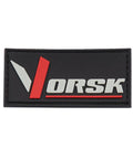 Black patch with white and red 3D embossed text "VORSK" on a rectangle background