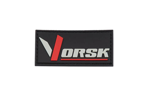 Black patch with white and red 3D embossed text "VORSK" on a rectangle background