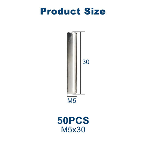 M5 X 30mm Dowel Pins, 304 Stainless Steel, cylindrical locating pins size M5x30, showing 50 pieces for shelves and cabinets fixing