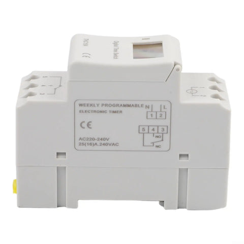 Programmable Timer Switch With Weekly Cycle For Automatic On Off Of Lights And Appliances No Fuss Setup 16 Daily On Off Periods Capacitive Touch Buttons Reliable Circuit Protection Easy Home Automation white DIN rail module rear wiring view