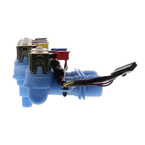 Side view of Blue Washer Water Valve Replacement W11188329 With One Year Warranty For Washers Replaces W10465981 Easy Install