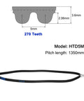 HTD 5M Rubber Timing Belt 1350mm Pitch Length, 15mm Wide, 3.6mm Thick, 270 Teeth, Closed Loop Pulley For High Torque Drives, Neoprene Reinforced Belt Delivers Smooth Power Transfer And Slippage Prevention. diagram showing HTD5M belt profile and 1350mm length