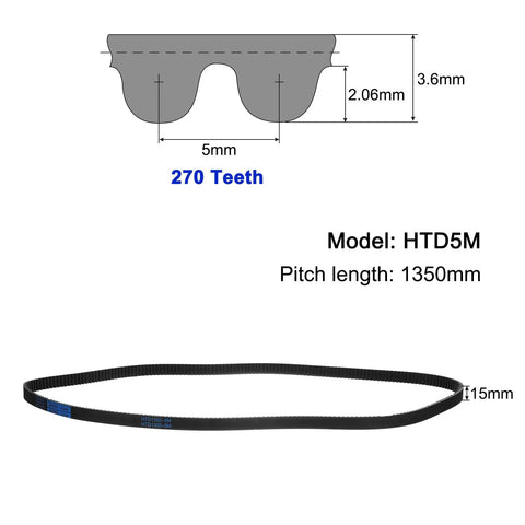 HTD 5M Rubber Timing Belt 1350mm Pitch Length, 15mm Wide, 3.6mm Thick, 270 Teeth, Closed Loop Pulley For High Torque Drives, Neoprene Reinforced Belt Delivers Smooth Power Transfer And Slippage Prevention. diagram showing HTD5M belt profile and 1350mm length