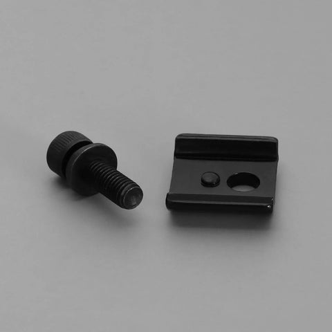 One Set Of Electric Tool Blade Fixtures And Screws For Milwaukee Sawzalls Blade Clamps And Screws Pro Grade Durable Replacement Kit For Heavy Duty Jobs, showing a black metal blade fixture and screw.