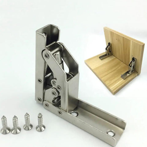 Heavy Duty Stainless Steel 90 Degree Folding Hinge Hidden Shelf Bracket Table Mount With No Sweat Setup For Cabinetry And Decor Built Tough Rust Resistant Hardware Kit 2 Piece Set with screws and a wooden mount.