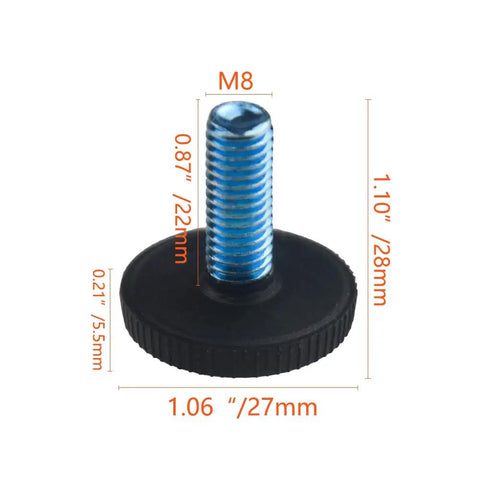 24 Pack M8 1.25mm Furniture Leveling Feet Screw On Adjustable Levelers with measurements for chairs, tables, and cabinets.