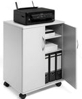 Heavy Duty Multifunction Closed Trolley in grey with hinged doors open, showcasing shelves and files. Ideal utility cart.