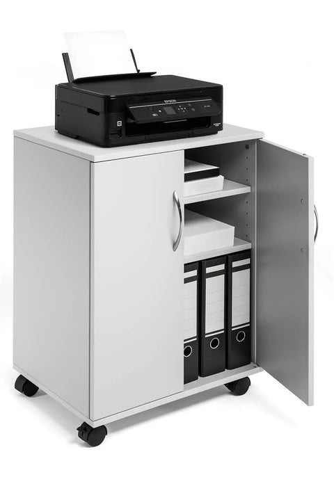 Heavy Duty Multifunction Closed Trolley in grey with hinged doors open, showcasing shelves and files. Ideal utility cart.