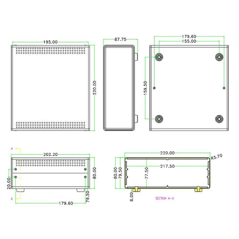 Technical drawing of Diy Ready Electrical Control Panel Enclosure Box In Blue Heavy Duty Metal Case With Abs Panel 220 x 80 x 195 mm