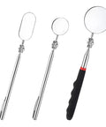 Three Piece Stainless Steel Extendable Mechanic Mirror Set With Telescoping Rotating Head Inspection Mirrors Round Mirrors On A Stick Long Handle Clip On Design For Mechanics And DIY Pros, shown with telescoping arms and rotating heads in various sizes.