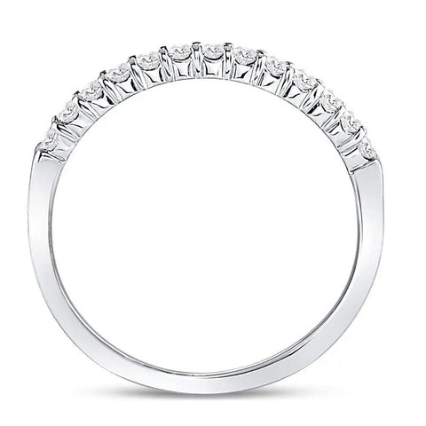 Premium 14k White Gold Round Diamond Wedding Band Ring For Women With A Clean Machine Set Look, Quarter Carat Total Weight, And A Smooth Size Seven Fit, showing the polished side view.