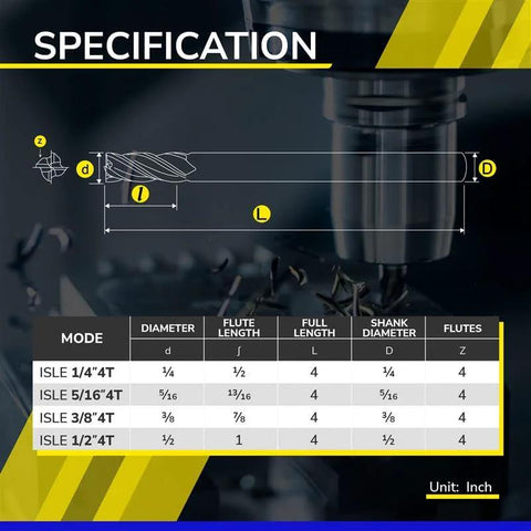 SPEED TIGER 5/16 in micrograin carbide square-end mill, 4-flute, extra-long reach (ISLE5/16 4T)